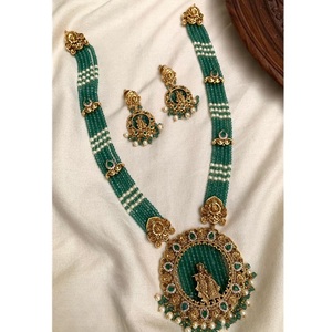 Exclusive Quality Antique Polish Design <b>Gold</b> Plated <b>Pearls</b> Look Temple <b>Necklace</b> Set With Earrings For Wedding For Women - Product Image 1