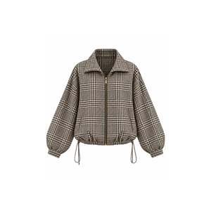 เสื้อแจ็คเก็ตลายสก็อตแบบมีซิปและเชือกผูกเอว - สีเบจ-ดำ - สีเบจ-ดำ - Product Image 1