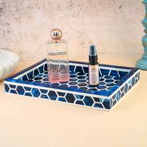 ถาดเสิร์ฟไม้ฝังกระดูกสีฟ้าและสีขาวทำด้วยมือตัวจัดระเบียบลายเรขาคณิตที่ทันสมัยสำหรับงานแต่งงานและเทศกาลดิวาลีขายส่ง - Product Image 2