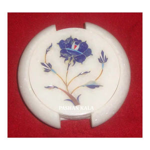 Juego de posavasos de té con incrustaciones de mármol blanco de forma redonda, diseño de flores azules para decoración del hogar y la cocina, venta al por mayor en cantidad a granel - Product Image 1