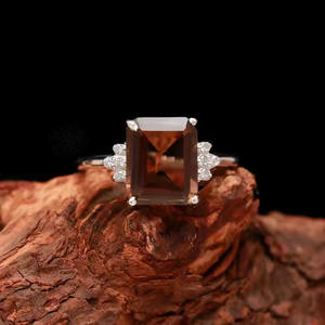 Anillos de aniversario de compromiso de banda minimalista, Joyería de diamantes de piedra de cuarzo ahumado con corte octogonal de moda para anillo de plata de boda - Product Image 6