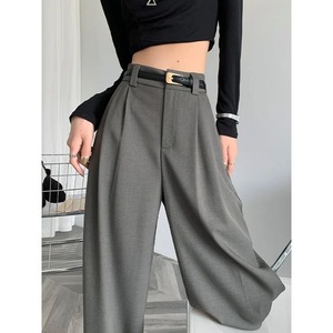 Otoño Invierno elegantes trajes grises pantalones para mujer Oficina señora cintura alta pierna ancha moda Pantalones con bolsillos pantalones negros - Product Image 1