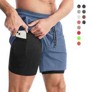 Pantalones cortos 2 en 1 ligeros de secado rápido para hombre, pantalones cortos de entrenamiento atléticos para gimnasio, cintura media, patrón sólido con bolsillos, pantalones cortos para correr teñidos lisos - Product Image 1