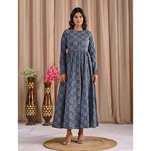 Vestido Anarkali de Seda Azul con Estampado a Mano para Niñas, Último Diseño Étnico Indio, Estilo Sexy para Uso Diario, Dibujado a Mano - Product Image 4