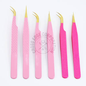 Pinzas al por mayor para extensión de pestañas con punta de fibra, 45 y 90 grados, delgadas, rectas, para volumen, tipo abanico, punta X, color rosa, para aplicación de pestañas individuales. - Product Image 1
