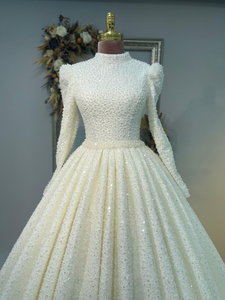 Luxury Modern <b>High</b> <b>Neck</b> Long Sleeve Floor-Length Ball Gown Bridal <b>Wedding</b> <b>Dress</b> Sparkling Stone Pearl Embroidery Eco-Friendly - Product Image 4