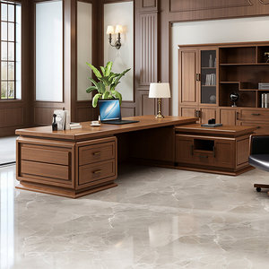 Dark <b>Walnut</b> L-Shaped Executive Desk with Rounded Edges Mortise-and-Tenon Frame 1-Year Warranty - Product Image 1