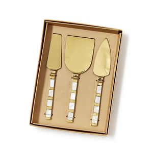 Luxury Stainless Steel Cheese Set <b>Gold</b> <b>Mirror</b> Polished With Mother Of Pearl handle and Brown Gifts Packing Box - Product Image 1