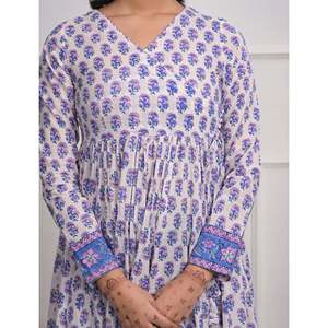 Vestido Angrakha 100% Algodón Blanco con Estampado de Bloques, Estilo Hippie Largo, Cintura Imperio, Casual, para Club o Día, ODM, Alta Calidad, Talla Única/XS - Product Image 2