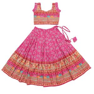 Conjunto de Lehenga Choli Tradicional Rajasthani para Niñas de Shoryam Fashion, Color Rosa Ajrakh, para Fiestas, Bodas y Eventos Festivos |   Exportación - Product Image 1