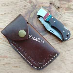 Couteau pliant multifonctionnel damas fait à la main 356 couches avec manche en bois couteau de poche à verrouillage arrière livré avec gaine en cuir - Product Image 5