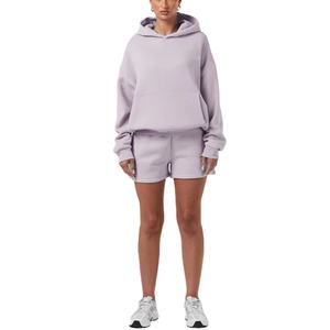Conjunto de 2 Piezas de Sudadera con Capucha y Pantalones Cortos para Mujer, con Decoración de Insignia en Tela Tejida y Cintura Elástica, para Invierno - Product Image 1
