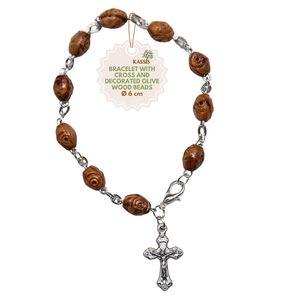 Bracelet en bois d'olivier perlé avec croix, fait main à Bethléem, cadeau unisexe, objet religieux chrétien - Product Image 1