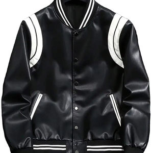 Chaqueta de Motociclista Americana, Estilo Colorblock, Cuero Sintético, Acolchada, Cuello Camisero, Impermeable, Cortavientos, Diseño Patchwork - Product Image 1