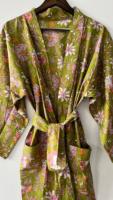 Belle 100% Coton Vert Floral Tissé Kimono Robes Livraison Express Robe de Chambre avec Caractéristique Thermique