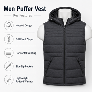 Men Hooded <b>Puffer</b> <b>Vest</b> Features Warm Insulation Comfortable Coverage And Flexible Design For Outdoor And Cold Weather Activities - Product Image 6