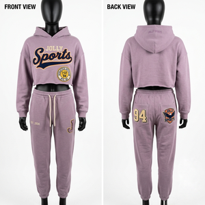 Ensemble femme : Crop top et jogging violet en molleton de coton 300 GSM French Terry, impression sérigraphique, broderie logo personnalisé - Product Image 2
