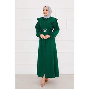 Vestido Hijab Esmeralda de calidad superior Cuello ancho Abotonado Longitud completa Casual Estilo modesto Suelto Sólido Hasta el suelo Gratis - Product Image 1