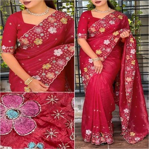 Sari Elegante de Seda Arrugada VASTRA COTTAGE con Lentejuelas, Cuentas Bordadas, Trabajo de Hilo Multicolor y Blusa Bordada con Malla Suave - Product Image 5
