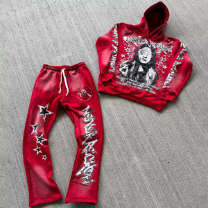 OEM personalizado DTG y puff impreso sudaderas con capucha y pantalones de chándal conjunto para los hombres de alta calidad 100% francés Terry - Product Image 2