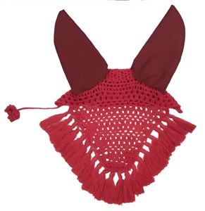 Red Crochet Horse Fly Veil <b>Tassel</b> <b>Fringe</b> Matching Ear Covers Handmade Soft Padded Comfortable High Quality Equestrian Bonnet for - Product Image 1