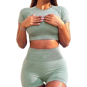 Vente en gros de vêtements de sport actifs personnalisés, ensembles de shorts de yoga en polyester et élasthanne sans couture, leggings deux pièces pour une utilisation active, taille personnalisée - Product Image 1