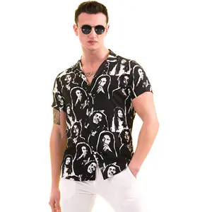 Fashion Men Hawaiian Shirt Short Sleeve Streetwear Print Striped Patchwork Summer Chic Blouse for men made in turkey