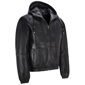 <b>Men</b> <b>Black</b> Hooded Jacket <b>in</b> <b>Real</b> <b>Black</b> Sheepskin Leather Jacket Style Winter Hooded Leather Jacket Style - Product Image 2