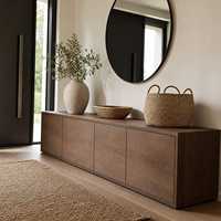 Armoire de rangement en bois moderne minimaliste à profil bas, horizontale, en forme de cube, gain de place, étagère pour salon