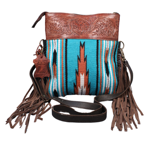 Sac à bandoulière en laine et cuir pour femme Boho avec accents à franges à rabat usiné fermeture à glissière sangle détachable durable deux poignées" - Product Image 1