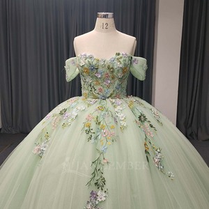 ANY194 Modern <b>Mint</b> Green Lace Appliqued Flower Beading Crystal Natural Waistline Eco-Friendly Evening Party Women's Sweetheart - Product Image 4