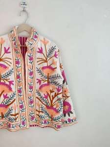 White Floral <b>Jacket</b> <b>Velvet</b> Artisan Embroidered <b>Velvet</b> <b>Jacket</b> with Grey Striped Made with high quality material and Suzani look - Product Image 3