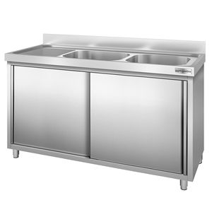 Meuble d'évier commercial PREMIUM - Acier inoxydable - 1400x700mm - avec 2 bacs à droite - Product Image 5