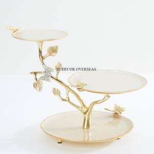 Plus beau look en métal plaqué or fait de feuilles et de papillons Designer couleur blanche enduit de poudre à 3 niveaux fournitures de support de gâteau - Product Image 1