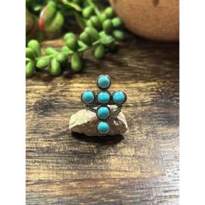 Navajo Handmade Kingman Turquoise Sterling <b>Silver</b> <b>Cross</b> <b>Ring</b> Bezel Set Christian Statement Jewelry - Product Image 1