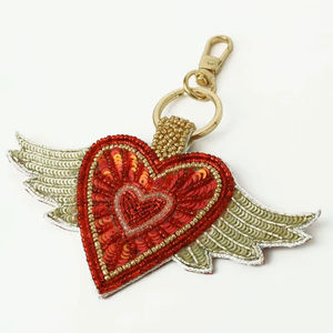 Beautiful heart design red and <b>gold</b> coloured seed beaded embroidery keychain and keyring for girls from India - Product Image 1