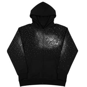 <b>Mens</b> Rhinestone Zip Up <b>Hoodie</b> <b>Black</b> Sparkle Crystal Studded Streetwear Hooded Sweatshirt Casual Statement Outerwear - Product Image 2