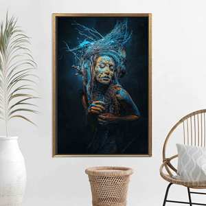 Toile imprimée : Art mural en verre Femme surréaliste - Décoration abstraite moderne, TOILE ENCADRÉE DORÉE - Product Image 1