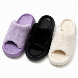 Sandales d'été pour femmes en fausse fourrure pelucheuse, à bout ouvert, à enfiler, avec doublure en tissu doux, talon bas, chaussures en microfibre bleu roi pour la maison - Product Image 1