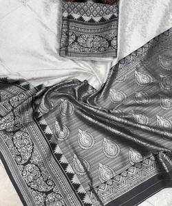 Sari en soie licou fantaisie, tissage banarasi, travail moderne, vêtement de fête, vêtement ethnique, blanc, prix de gros, sans blouse cousue - Product Image 6