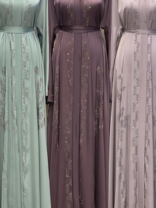 Wholesale Modest Dubai Beaded <b>Sequined</b> Long Sleeve Abaya Muslim Traditional Handmade Wedding Women Polyester Breathable V Neck - Product Image 2