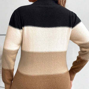 Jersey de punto de manga larga para mujer, suéter informal de invierno con borde cruzado con patrón de retazos y color de contraste - Product Image 6