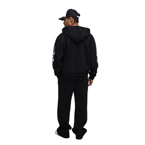 Sweat à capuche zippé imprimé flamme graphique noir et ensemble de joggings pour hommes 450GSM polaire Streetwear tenue deux pièces personnalisé OEM survêtement usine - Product Image 2