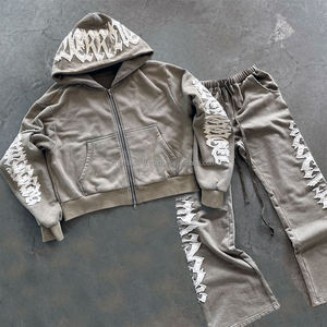 Moda logotipo personalizado de alta calidad Vintage sudaderas con capucha de gran tamaño lavado ácido bordado desgastado apliques Unisex Jogger chándales - Product Image 1
