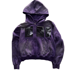 Sudadera de Invierno Estilo Urbano, Bordada, de Felpa Gruesa, Deslavada al Sol, con Cierre, Lavado Ácido, con Pedrería, Corte Recto, Desgastada - Product Image 4