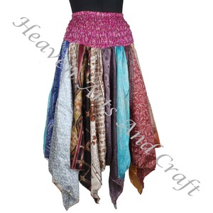 Falda Midi DS023 con Corte de Pez, Estilo Gitano Tribal, Patchwork, Hecha a Mano con Seda de Sari Reciclada, Estilo Casual, Larga, para Festivales de Verano - Product Image 3