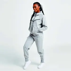 Marque privée 70% coton 30% polyester noir femmes Tech polaire survêtement gris chiné sweat à capuche zippé disponible en vrac - Product Image 1