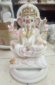 Escultura de Mármol Blanco Puro Hecha a Mano con el Diseño Más Atractivo del Dios Hindú Lord Ganesh Ji en Posición Sentada para Ídolos de Culto en Templos - Product Image 6
