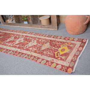 Vintage Turkish Large Area Rug Classic <b>Red</b> 2.6 X 11.1ft 10mm <b>Wool</b> Latex Backing Abstract Rectangular Hallway Design Room Rug - Product Image 2