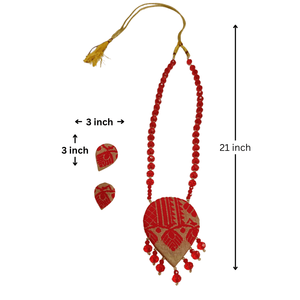 Handmade Gamusa Assamese Traditional <b>Red</b> Muga <b>Silk</b> Necklace Set with Statement Pendant Cultural Collectible Jewelry - Product Image 2